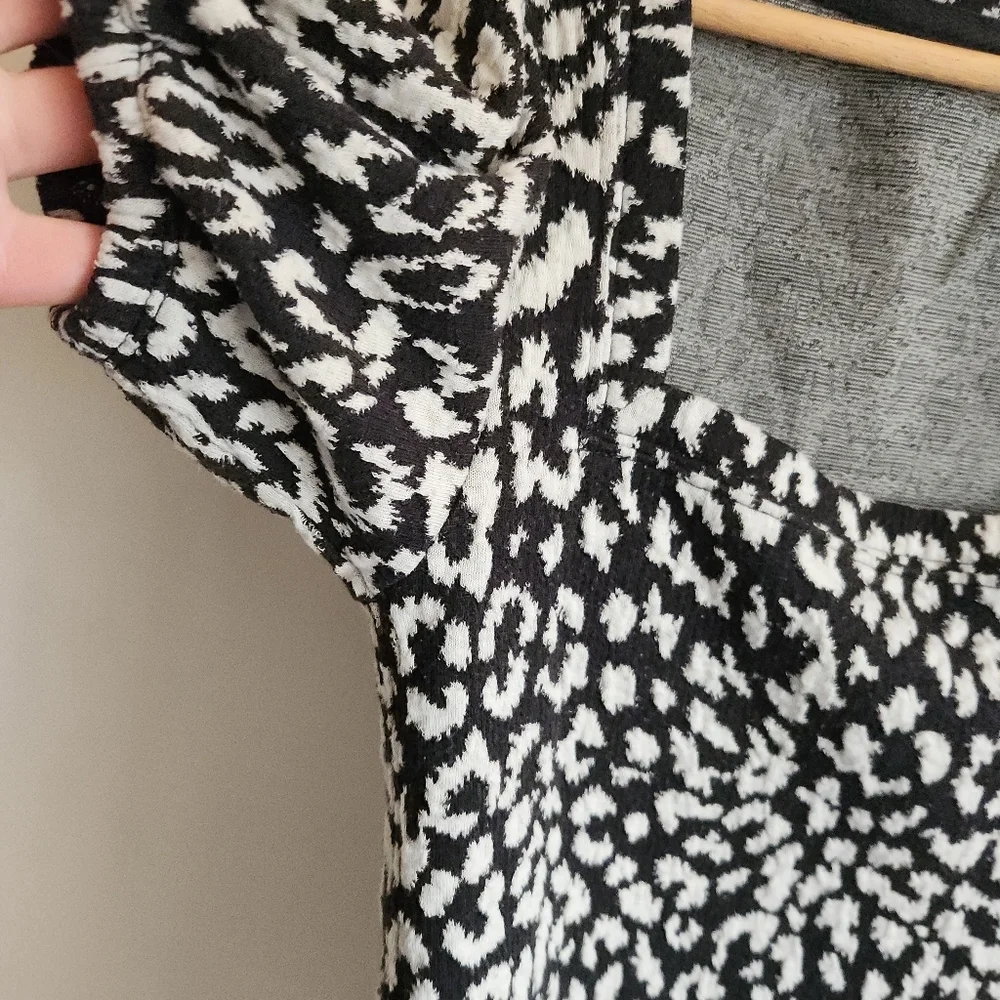 Free People Black White Animal Print Puff Sleeve Top Square Neck Small